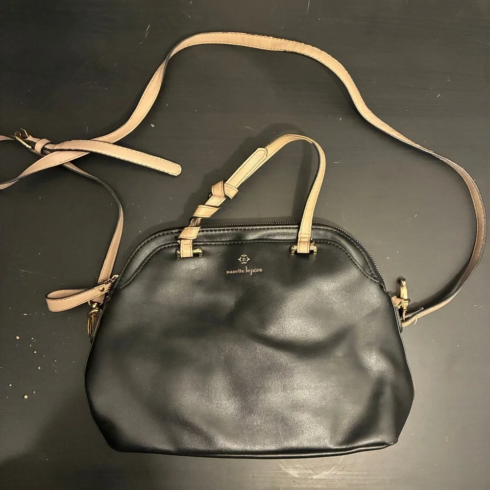 Nanette Lepore Black Tan Faux Leather Dome Crossbody Satchel Bag Gold Hardware